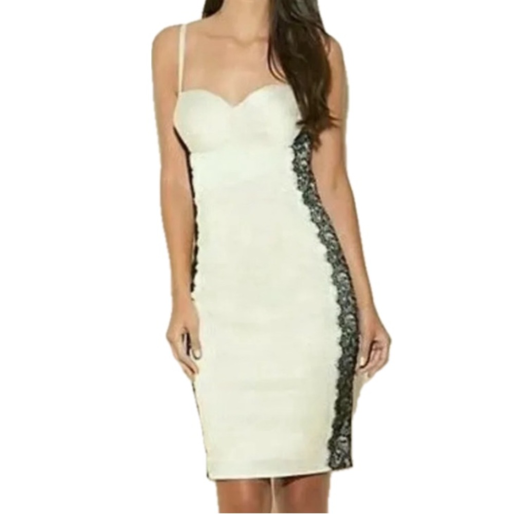 NWT | VTG GUESS Woman's Off White Black Lace Trim Bodycon Satin Dress Size 7